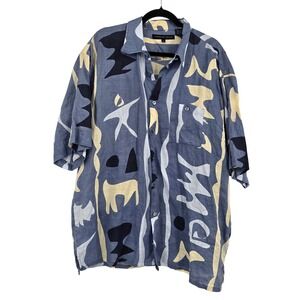 Jordan Craig Mens XL Blue Abstract Graphic 100% Linen Short Sleeve Button Shirt